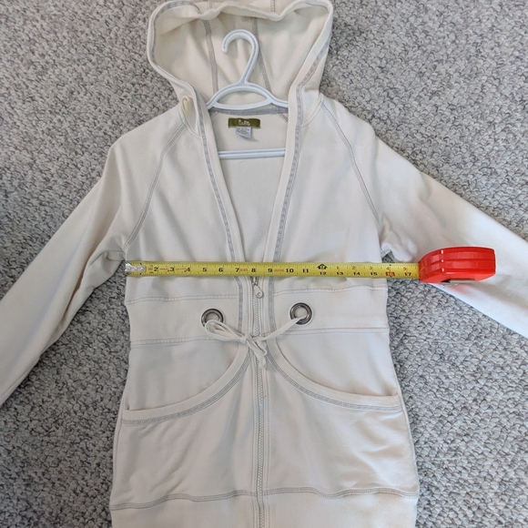 Women's (Size M) Long Off-White Zip-Up Hoodie/Jacket With Grey Trim & Drawstring - Picture 2 of 16